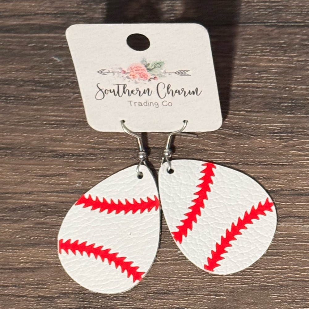 New Southern Charm Trading Co  leather Baseball Earrings - Red and White